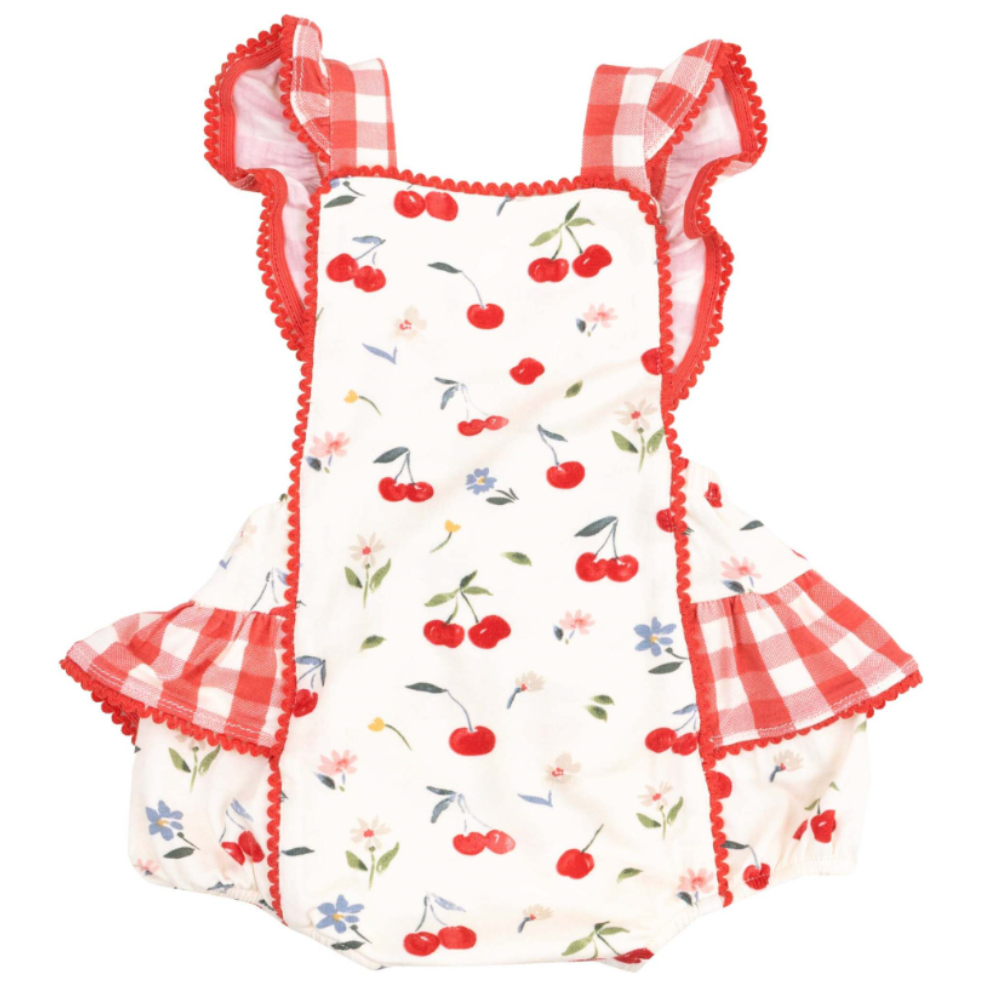 Ric-Rac Ruffle Sunsuit, Watercolor Cherries
