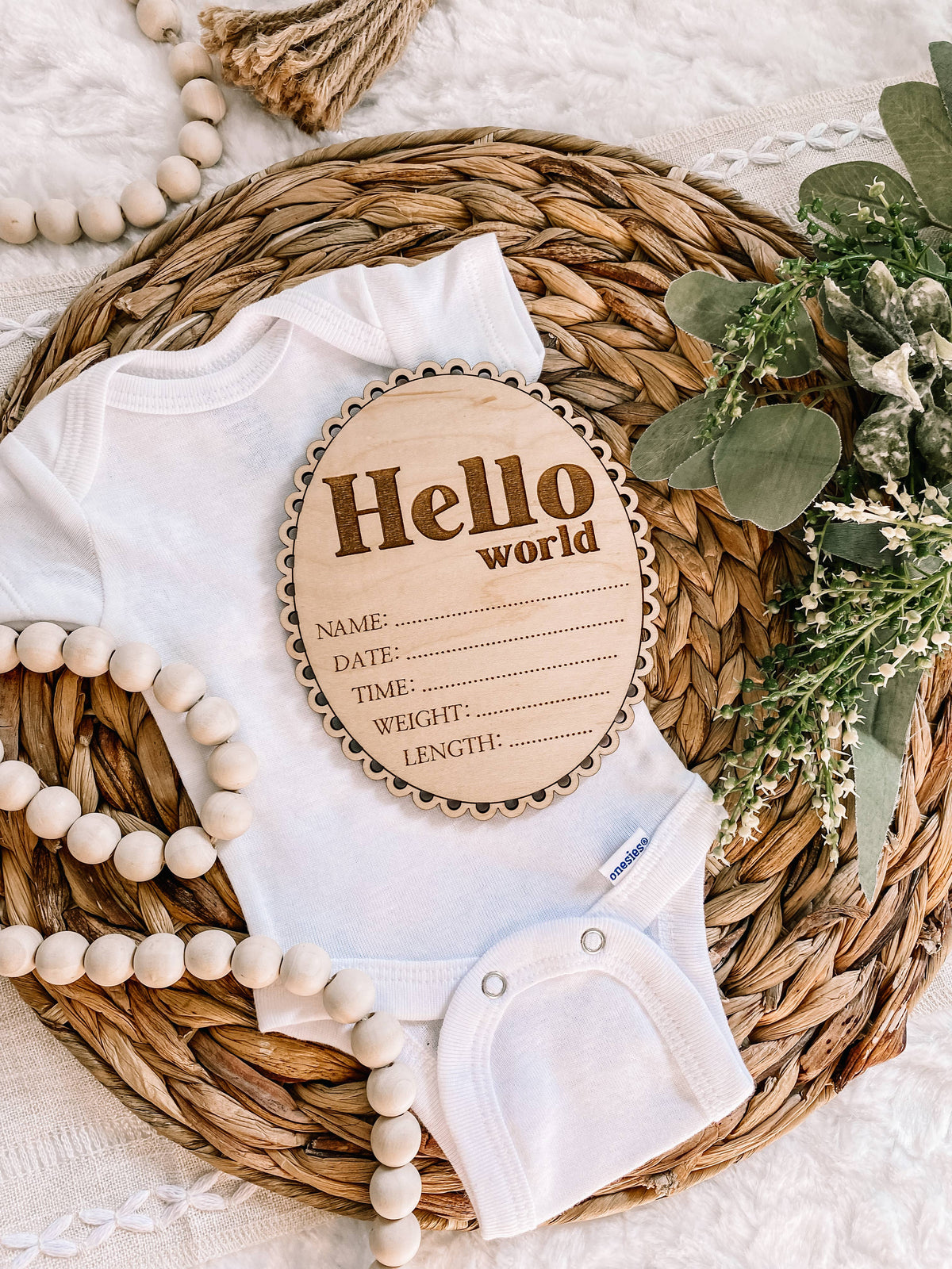 Hello World Birth Stat Sign - Scalloped Edge - Retro Font