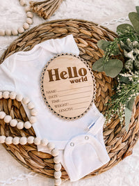 Hello World Birth Stat Sign - Scalloped Edge - Retro Font