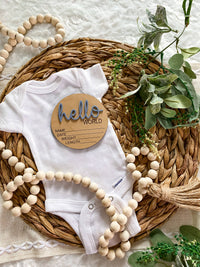 Hello World Birth Stat Announcement Wood Disc - Layered 3D