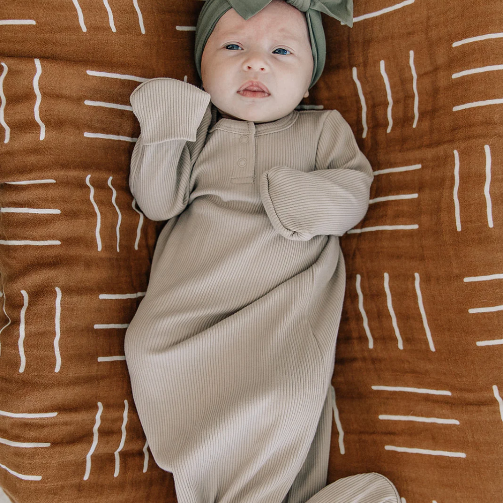 Oatmeal Organic Cotton Ribbed Knot Gown
