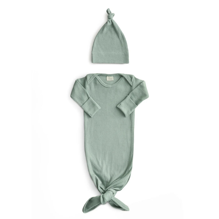 Ribbed Knotted Baby Gown + Beanie Set-Roman Green