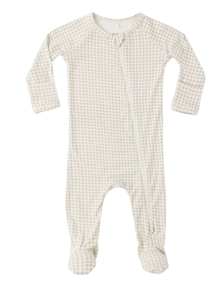 BAMBOO ZIP FOOTIE OAT GINGHAM