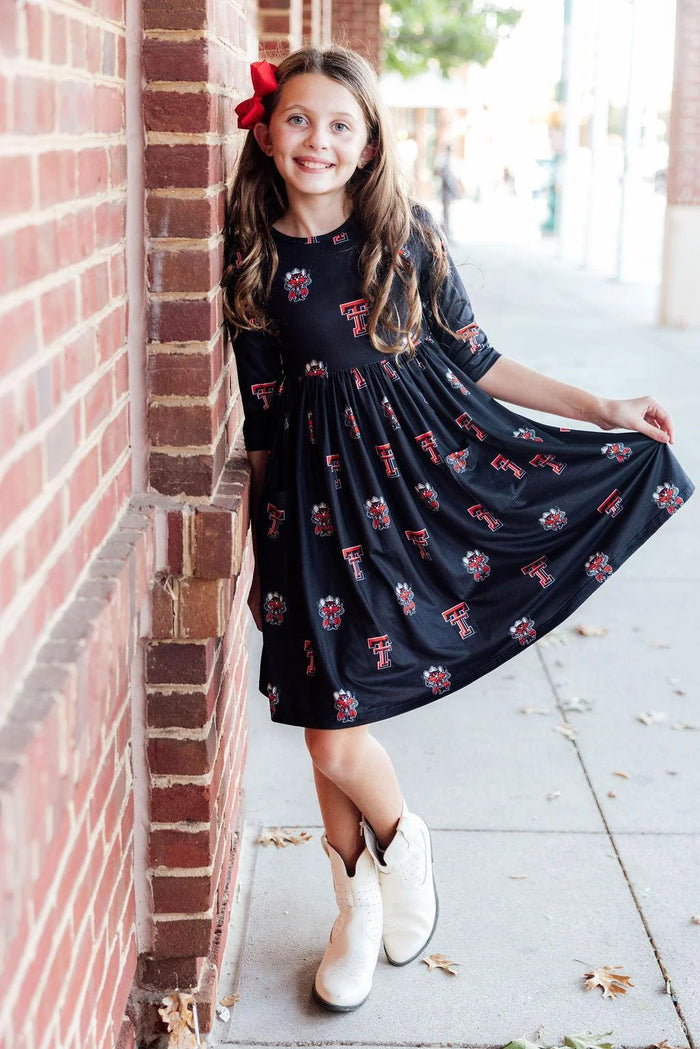 TEXAS TECH BLACK RAIDER RED SLEEVE POCKET TWIRL DRESS