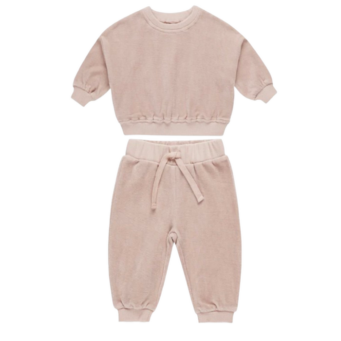 Velour Relaxed Sweatshirt + Sweatpants-Blush