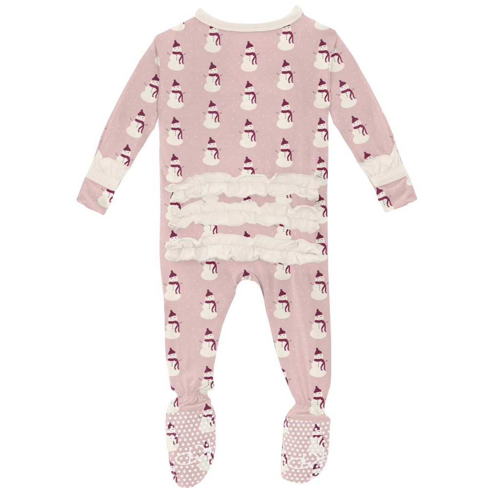 Classic Ruffle Footie with Zipper- Baby Rose Tiny Snowman
