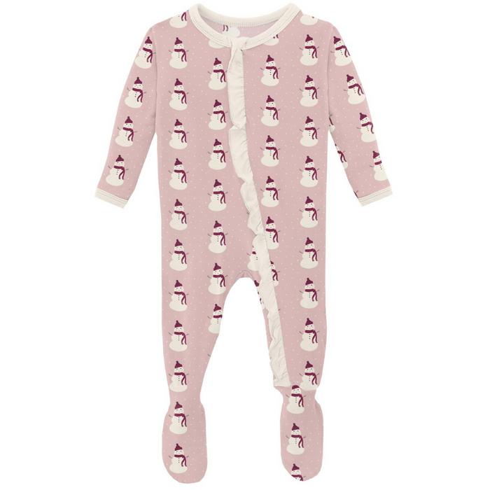 Classic Ruffle Footie with Zipper- Baby Rose Tiny Snowman