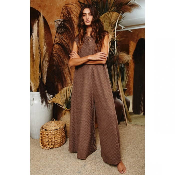 Wide Leg Chess Board Textured Brushed Knit Jumpsuit - Mocha