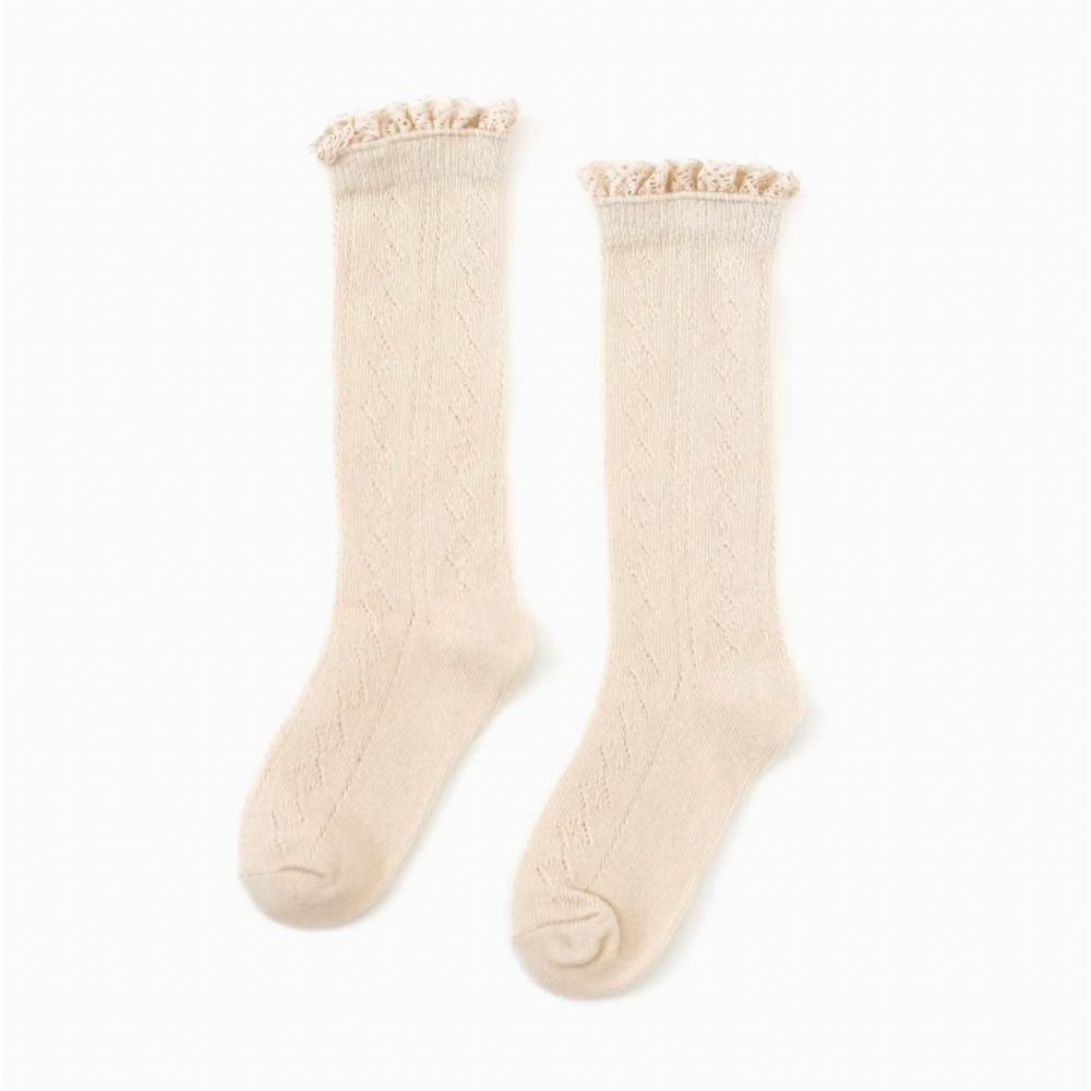 Cable Knit Knee High Sock-Lace Top Vanilla Cream