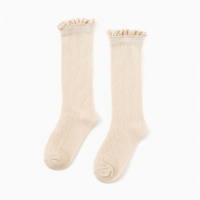 Cable Knit Knee High Sock-Lace Top Vanilla Cream