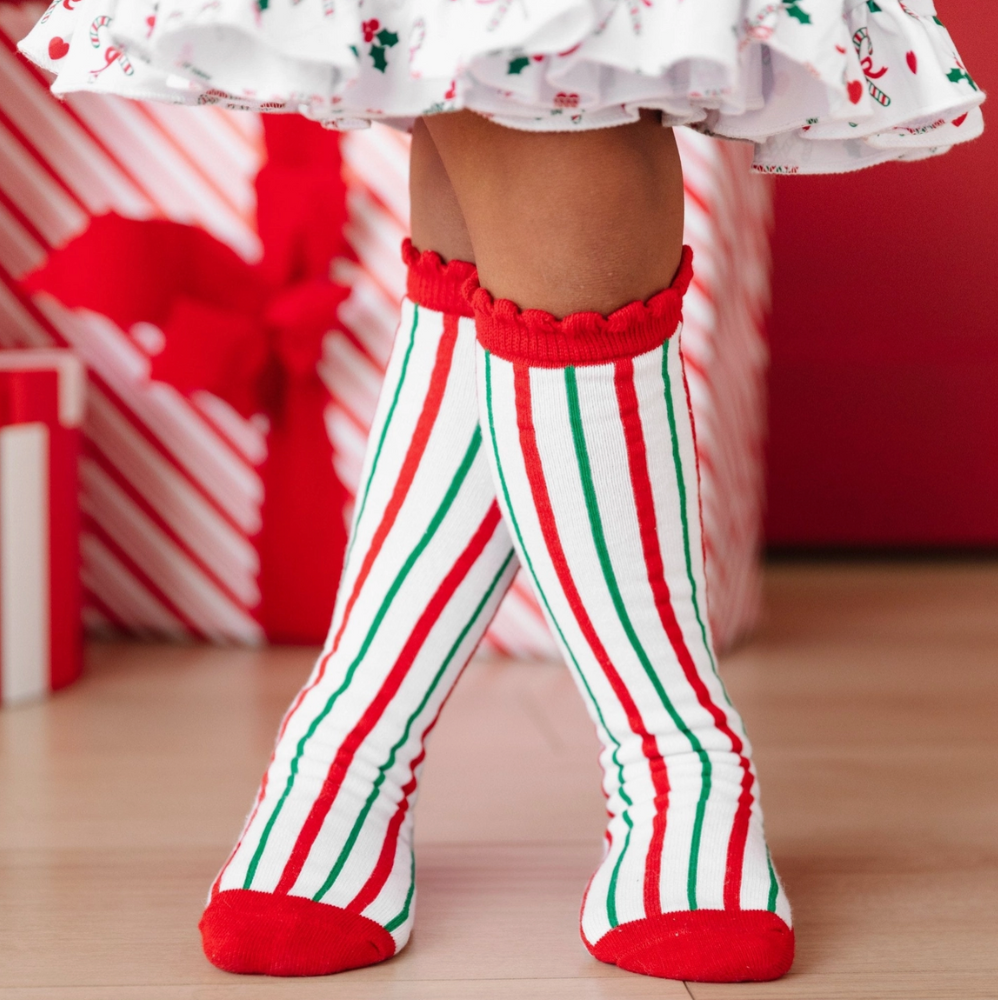 Candy Cane Striped Scalloped Knee High Socks