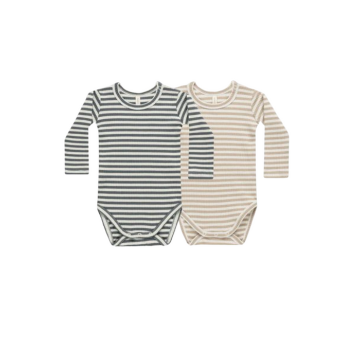 Ribbed Bodysuit, 2 Pack || Indigo Stripe, Latte Stripe