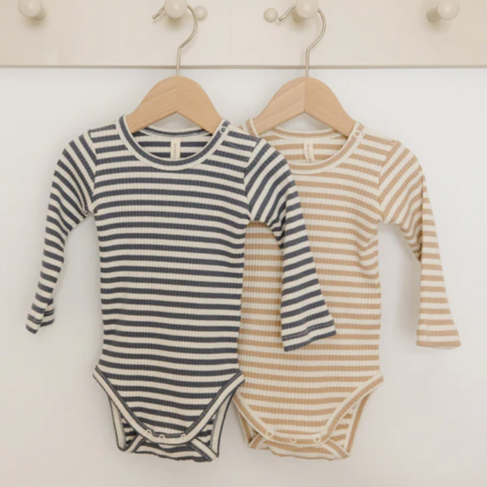 Ribbed Bodysuit, 2 Pack || Indigo Stripe, Latte Stripe