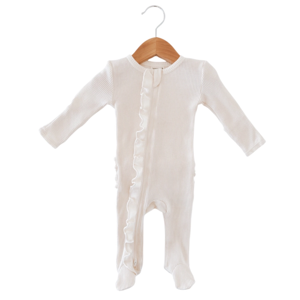 Organic Waffle 2-Way Zip Ruffle Footie- Snow