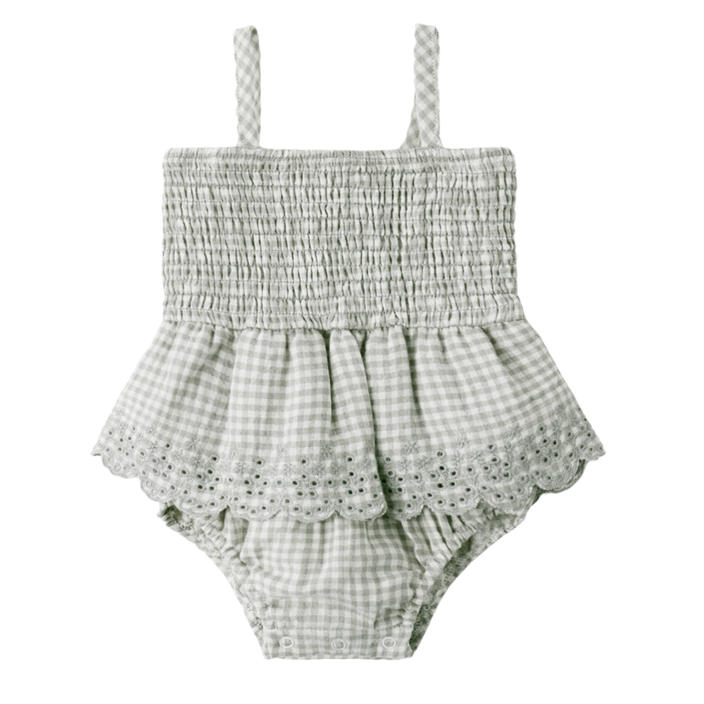 SMOCKED SKIRTED ROMPER SAGE GINGHAM