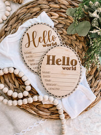 Hello World Birth Stat Sign - Scalloped Edge - Retro Font