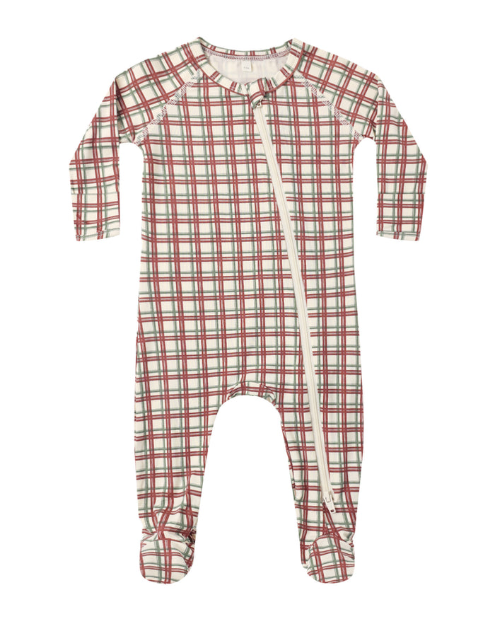 BAMBOO ZIP FOOTIE REDWOOD CHECK