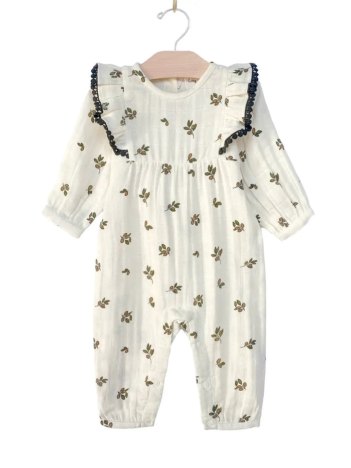 Muslin Long Flutter Romper - Olive Tree (2T)