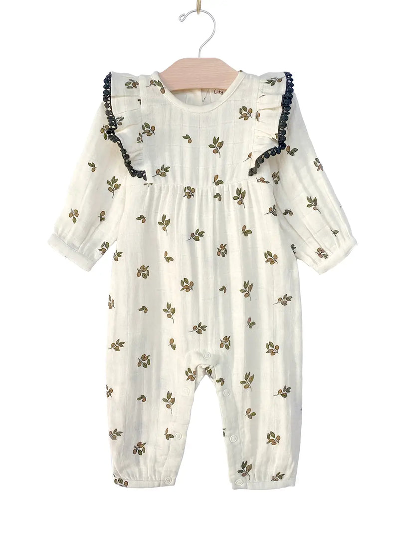 Muslin Long Flutter Romper - Olive Tree (2T)