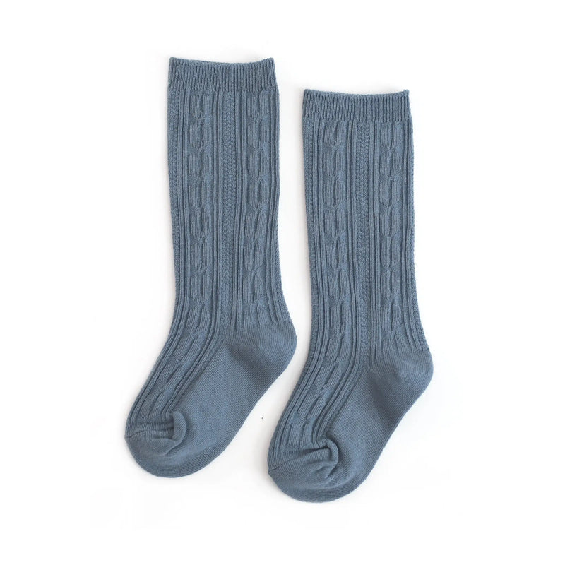 Cable Knit Knee High Socks-Steel Blue