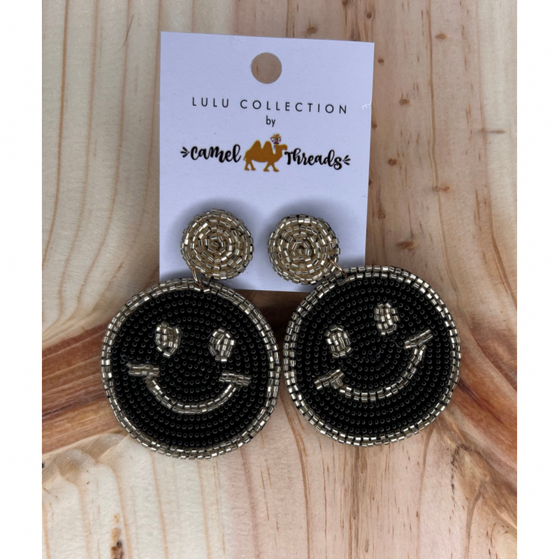 Seed Bead Earrings- Black Smiley Face