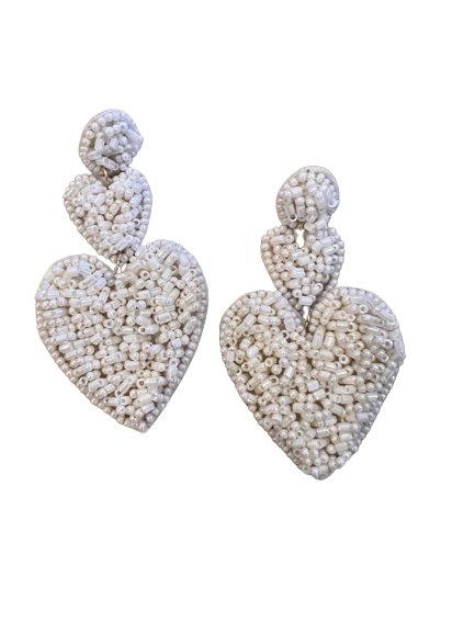 Seed Bead Earrings- White Hearts