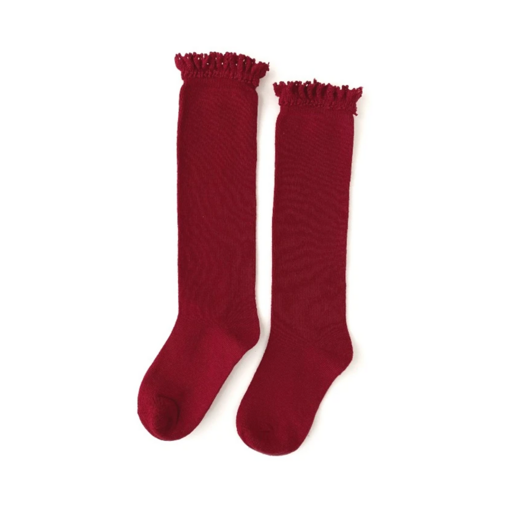 Lace Top Knee High Socks- Cherry