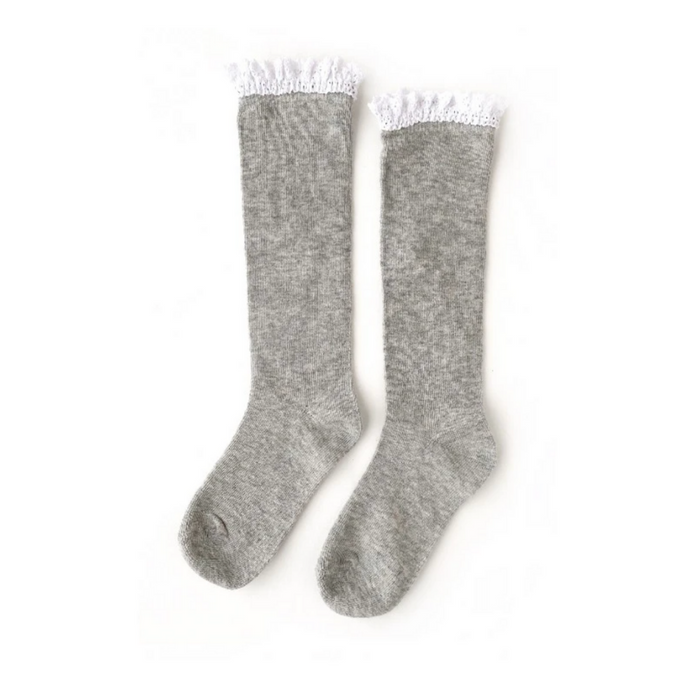 Lace Top Knee High Sock- Grey + White