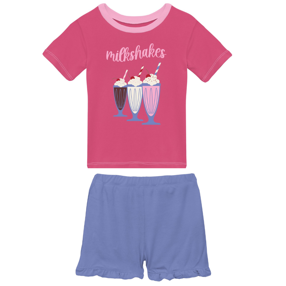 Short Sleeve Graphic Tee + Ruffle Shorts Set- Flamingo Milkshake